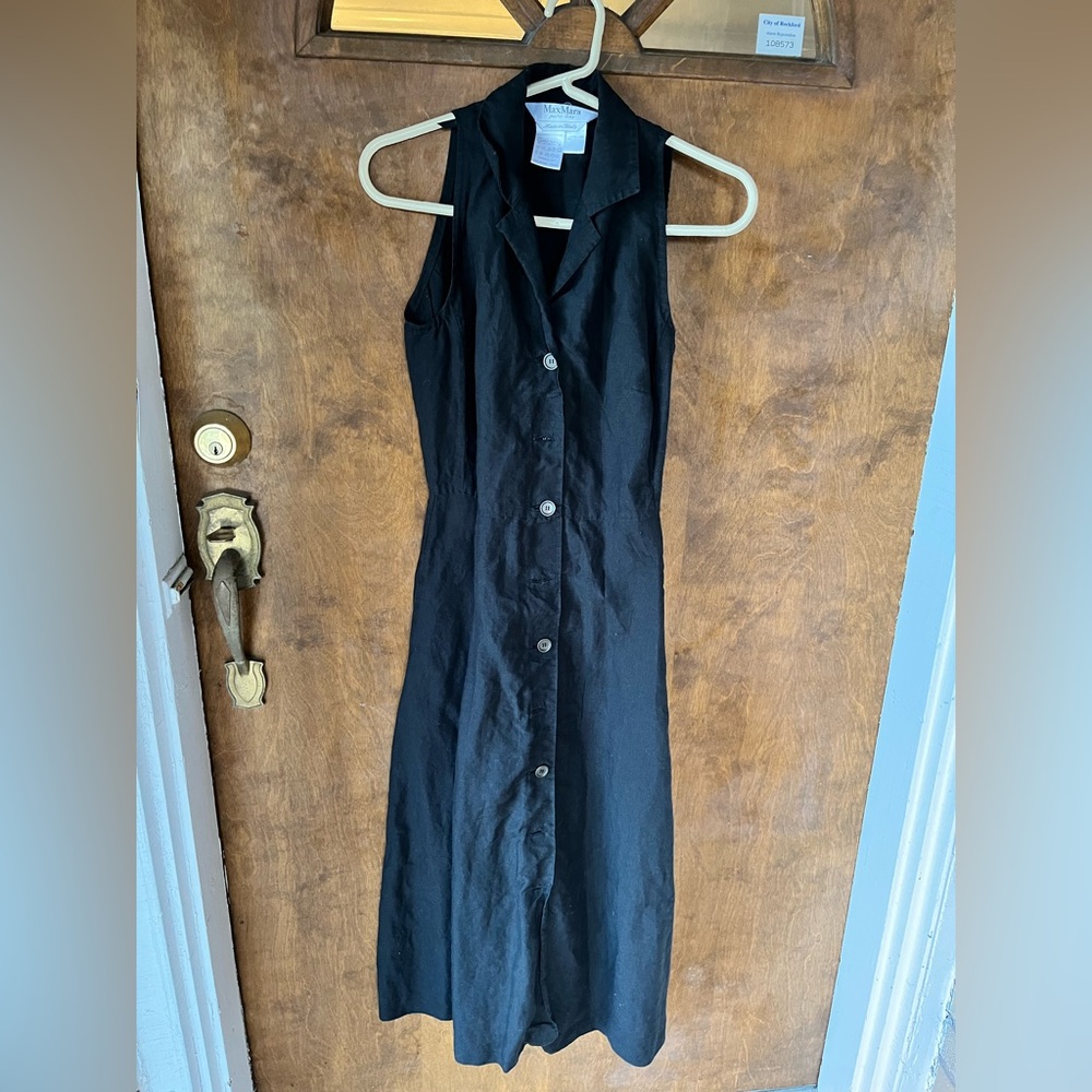 MaxMara Black Sleeveless Button-Front Midi 100% Linen Dress